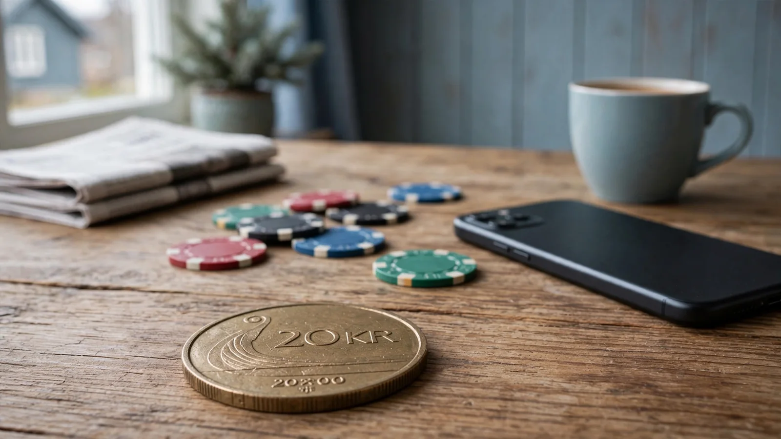 Norsk 20-kroners mynt og casinobrikker på et trebord