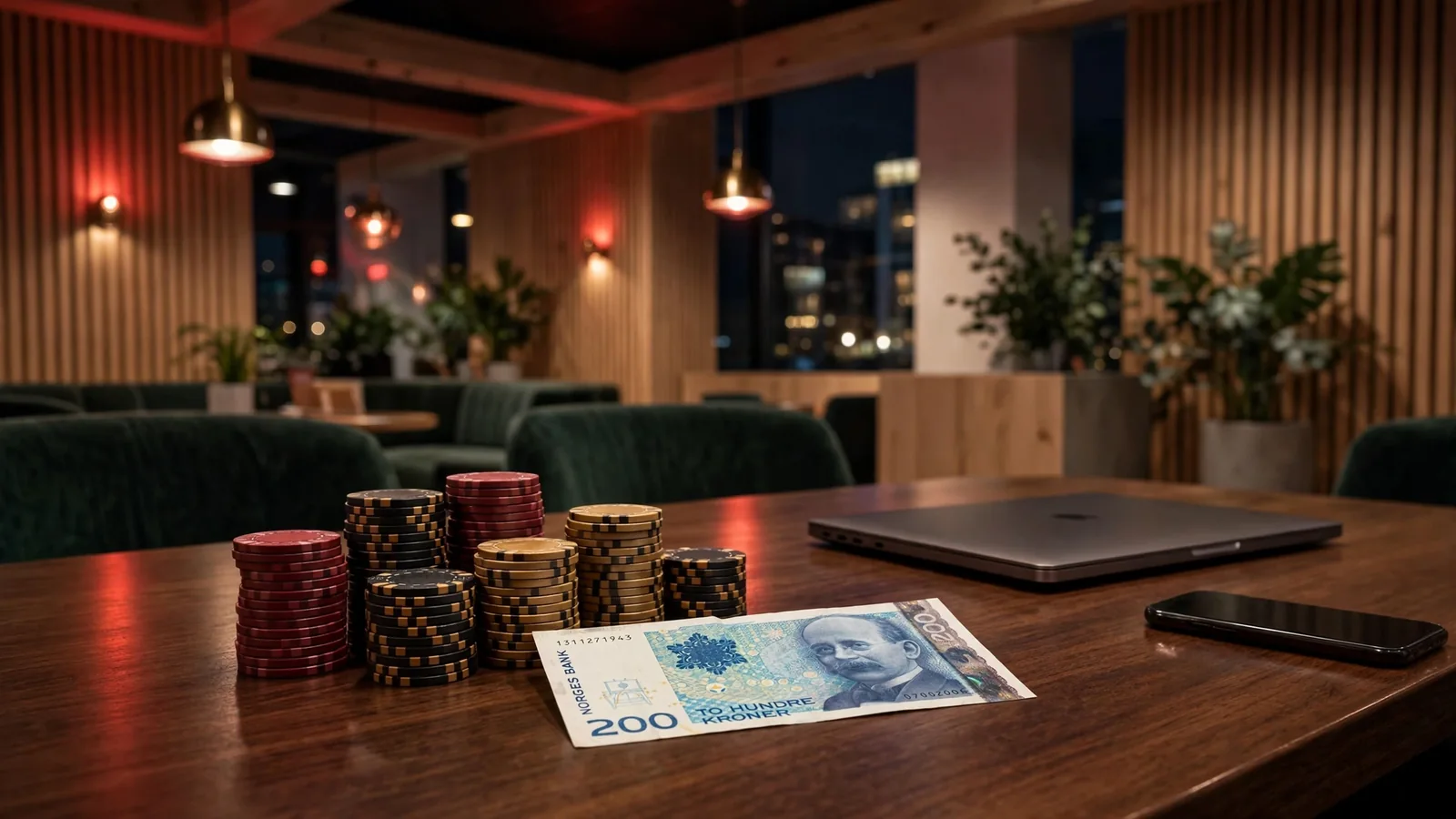 Moderne casinospillobby med Jetonger og en 200-kronerseddel på bordet