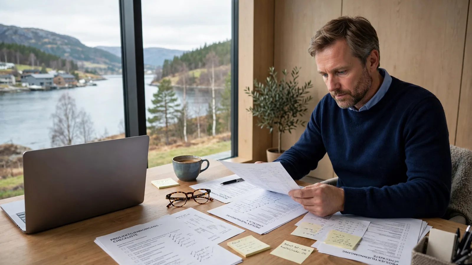 Norsk anmelder gransker casinodokumenter på kontor med fjordutsikt