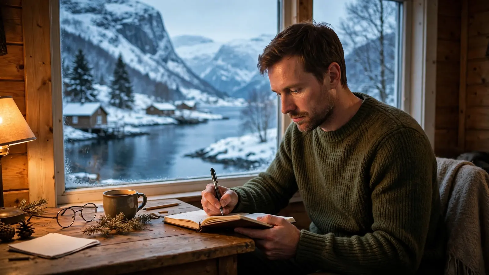 Mann ved skrivebord vurderer nettcasinoer med utsikt over norsk fjord