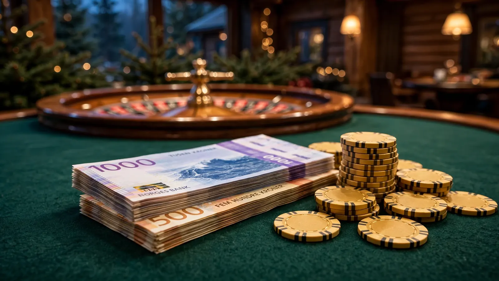 Norske kroner og casinobrikker på grønn filtbord
