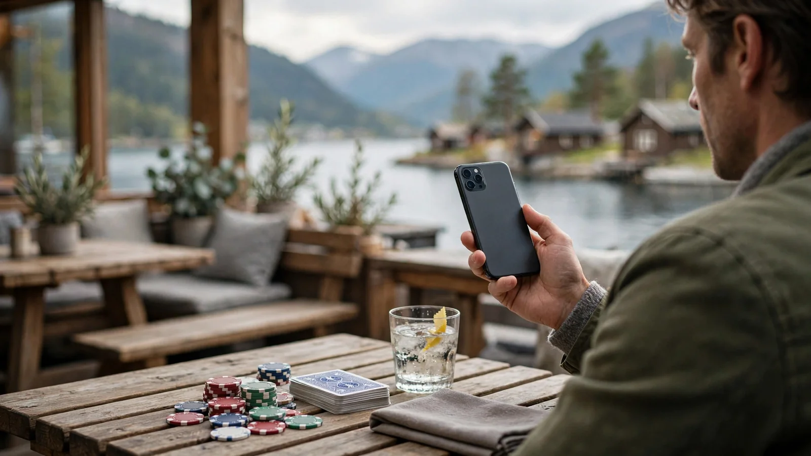 Person med mobil, casinobrikker og kort på et norsk kafébord