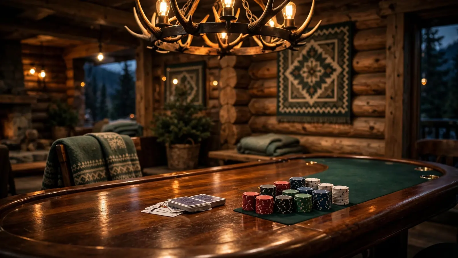 Blackjack-bord med jetonger og kort i norsk casinostil