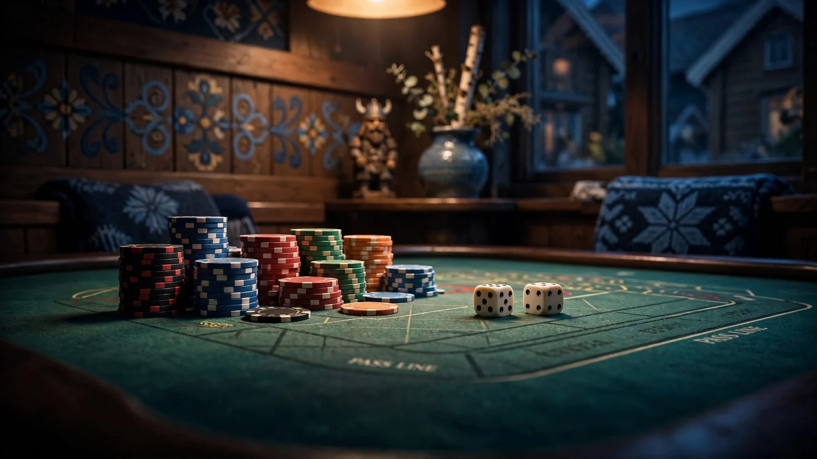 Craps-bord med fargerike jetonger og terninger i norsk casinoatmosfære