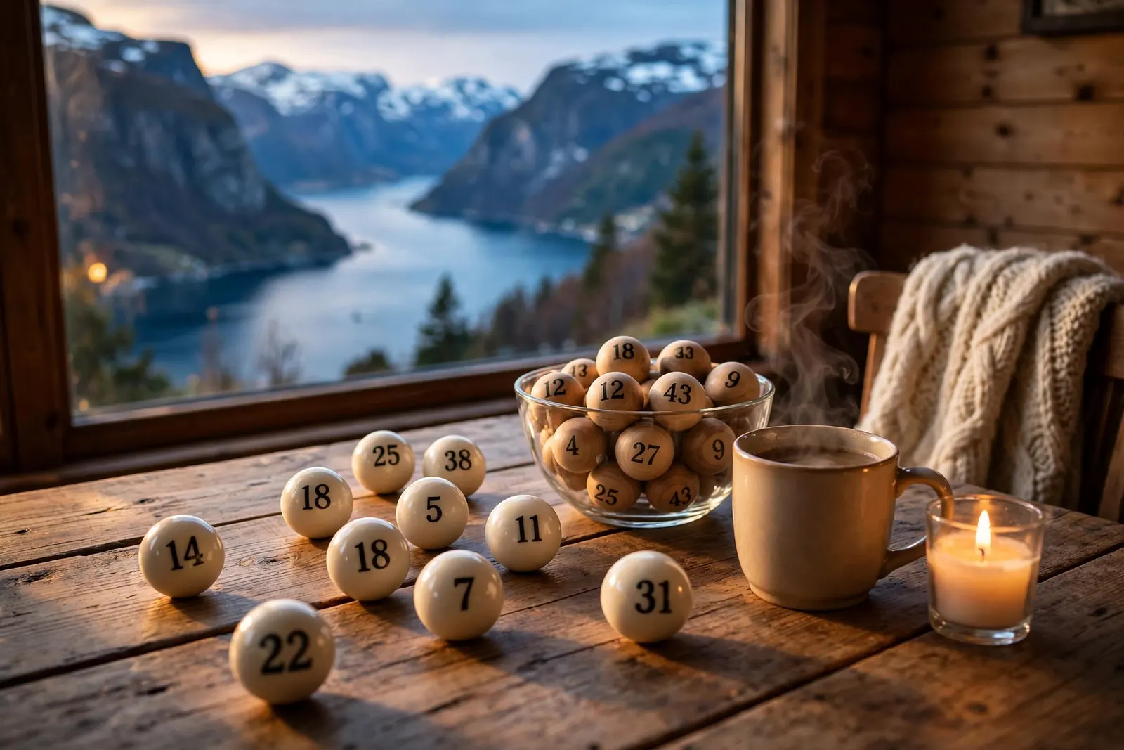 Keno-baller på et trebord i en norsk hytte med fjordutsikt