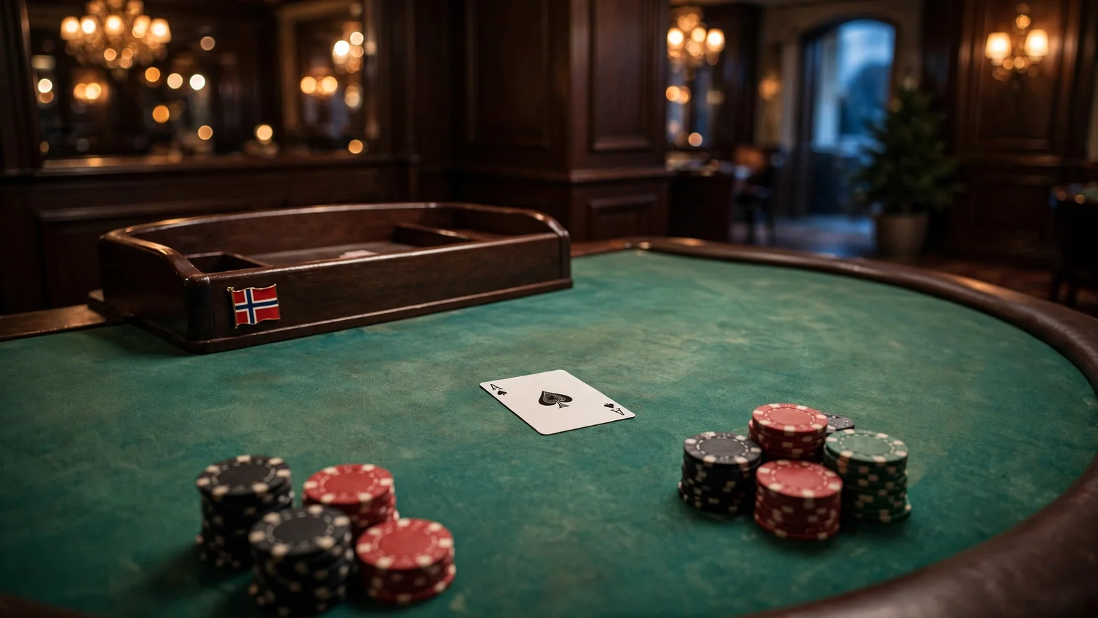 Elegant blackjackbord med jetonger og ess i et stemningsfullt casino