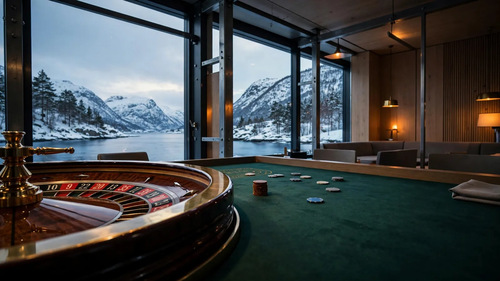 Tomt rulettbord med utsikt over norsk fjord