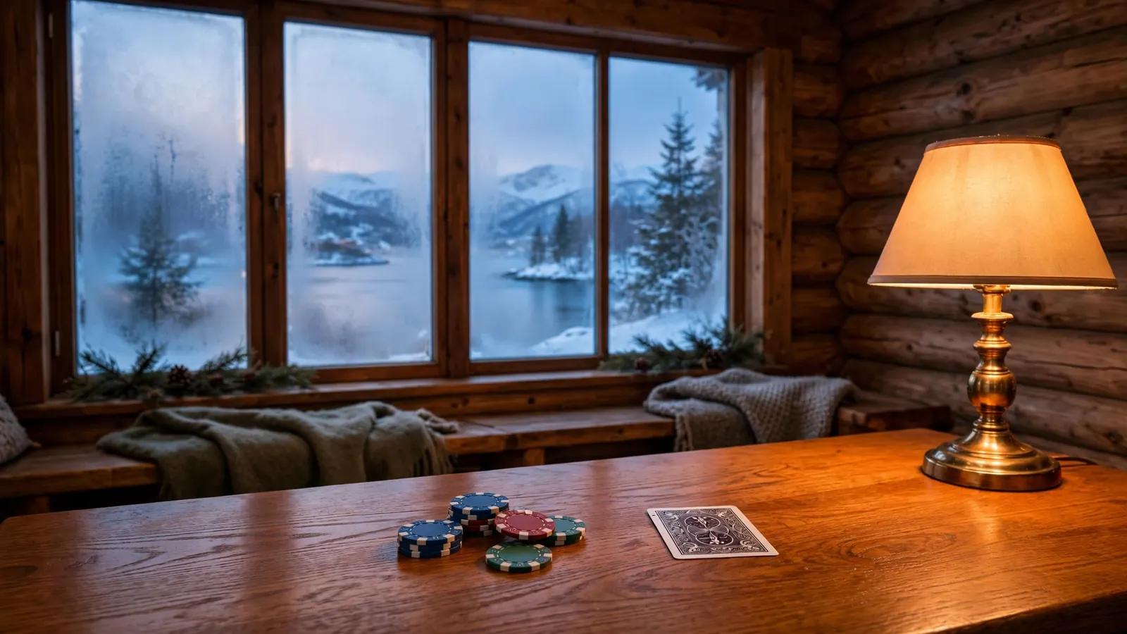 Koselig norsk stue med kasinobrikker på bordet og snødekt fjord utenfor vinduet