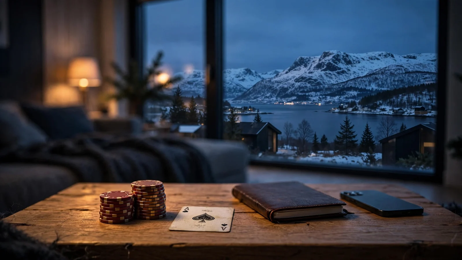 Norsk kveldsscene med casinojetonger og kort på bord ved fjord
