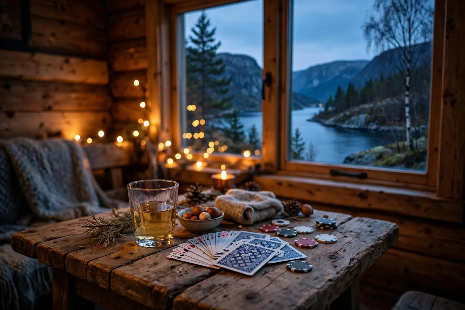 Koselig norsk kveld med kortstokk og akevitt i en tømmerhytte ved fjorden