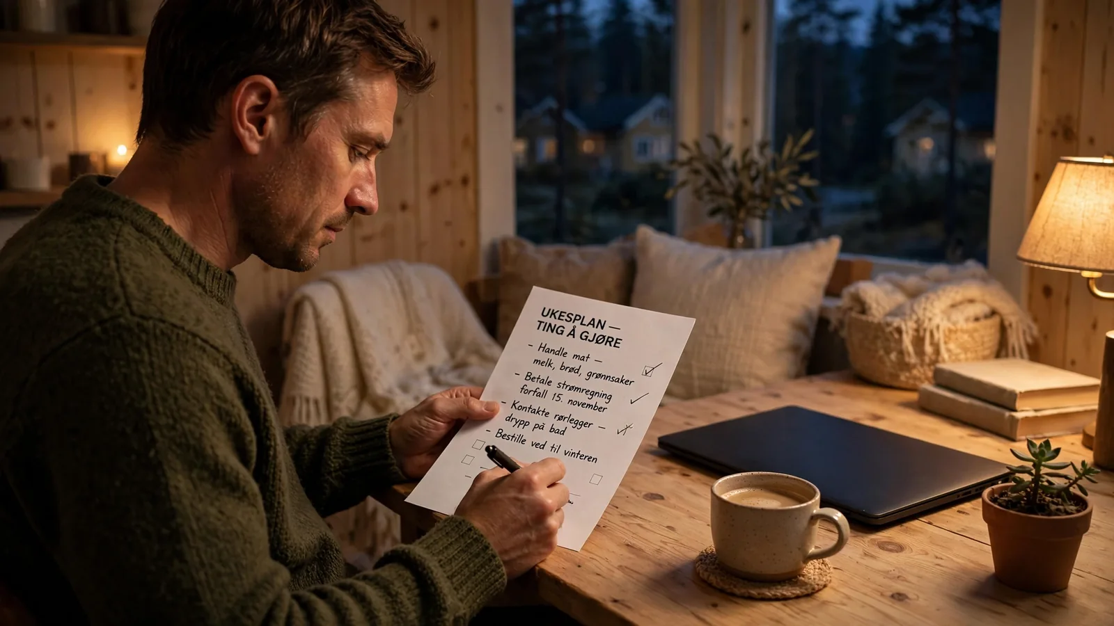 En person vurderer nøye et nettcasino hjemme i et koselig rom