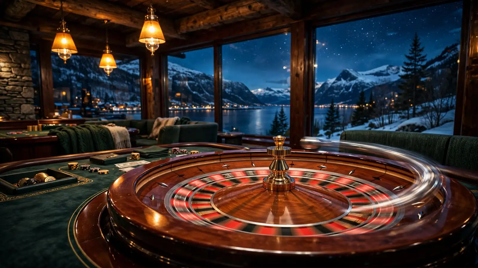 Elegant roulettehjul som snurrer på et casino-bord i et norsk fjellhotell