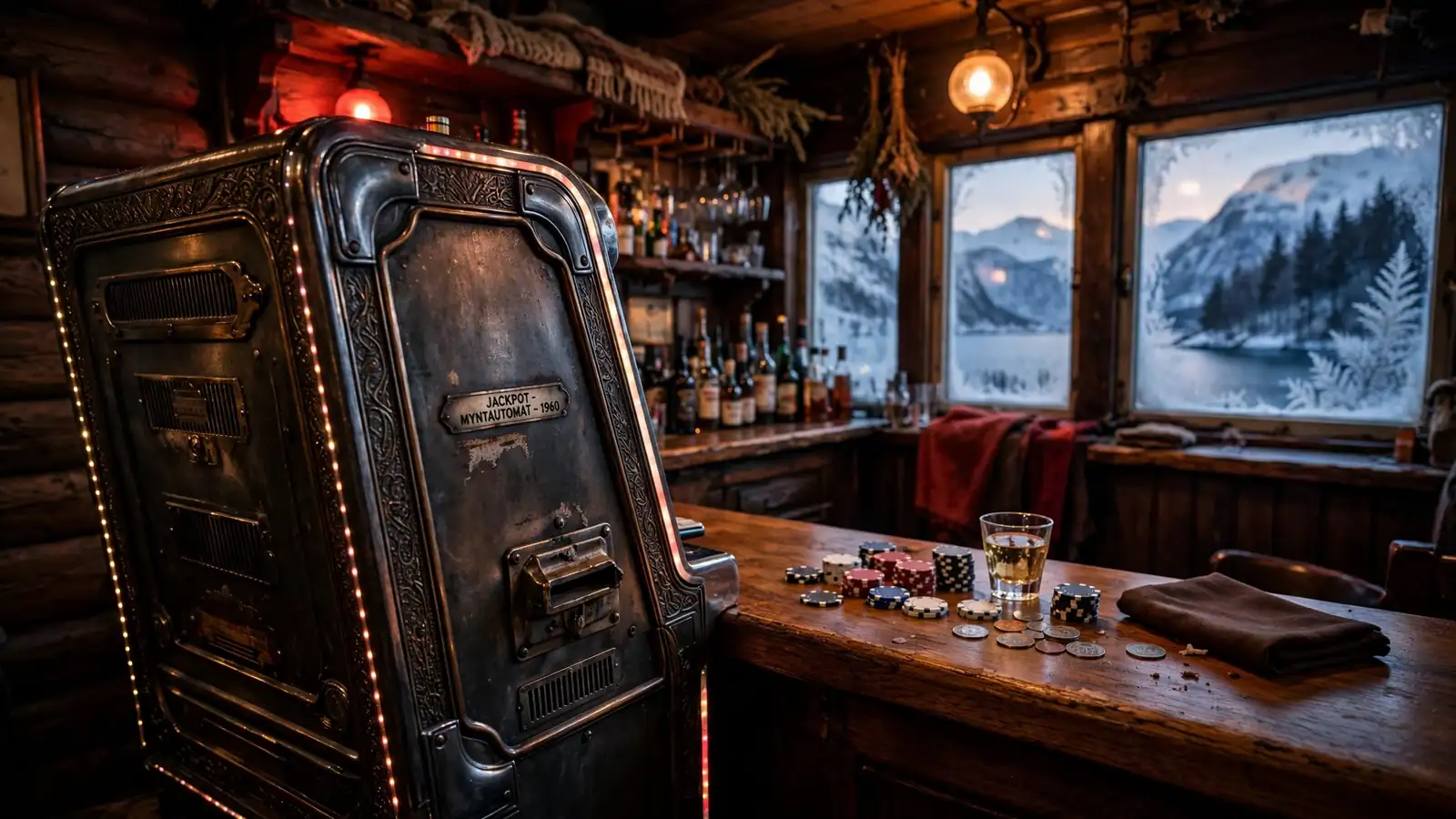 Klassisk spilleautomat i norsk trepub med utsikt over vinterfjord