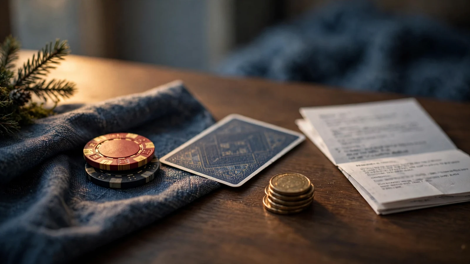 Casinochips, mynt og dokument med vilkår på skrivebord