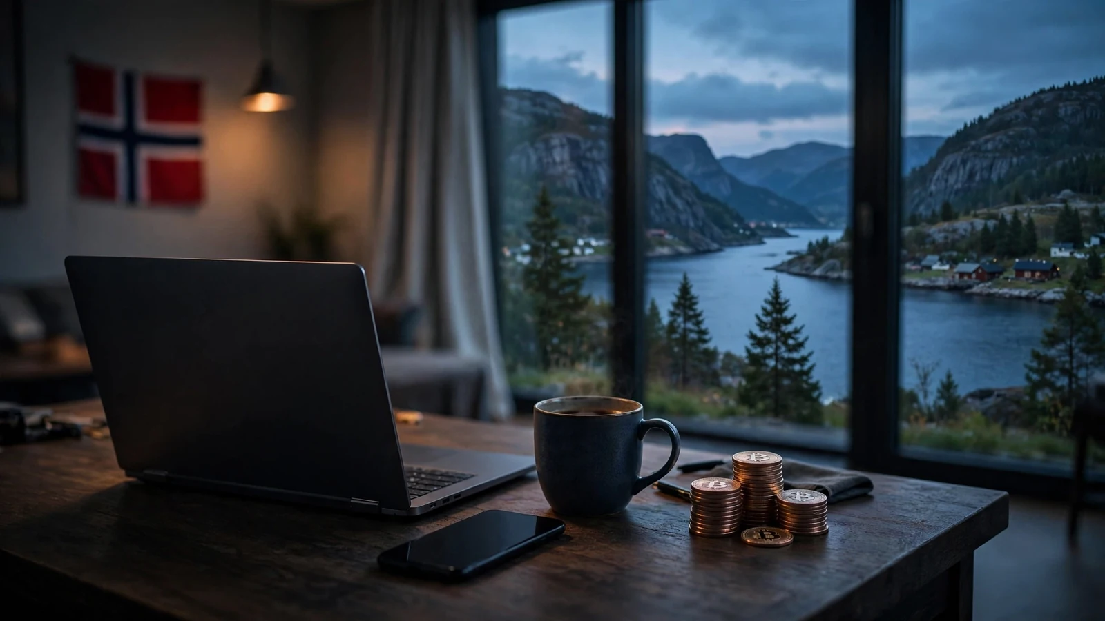 Krypto-utstyr på et skrivebord med norsk fjord i bakgrunnen