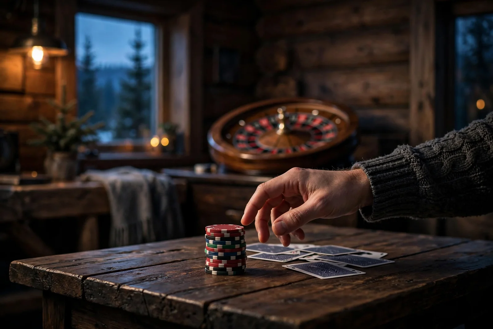 Mørkt casino-bord med jetonger, kort og rulett i norsk atmosfære
