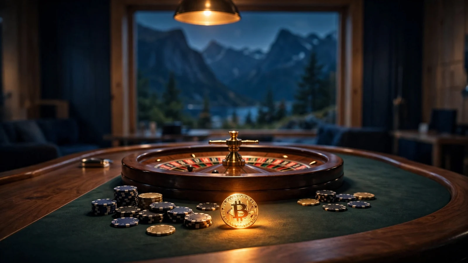 Roulettebord med Bitcoin-mynt og norsk fjord i bakgrunnen