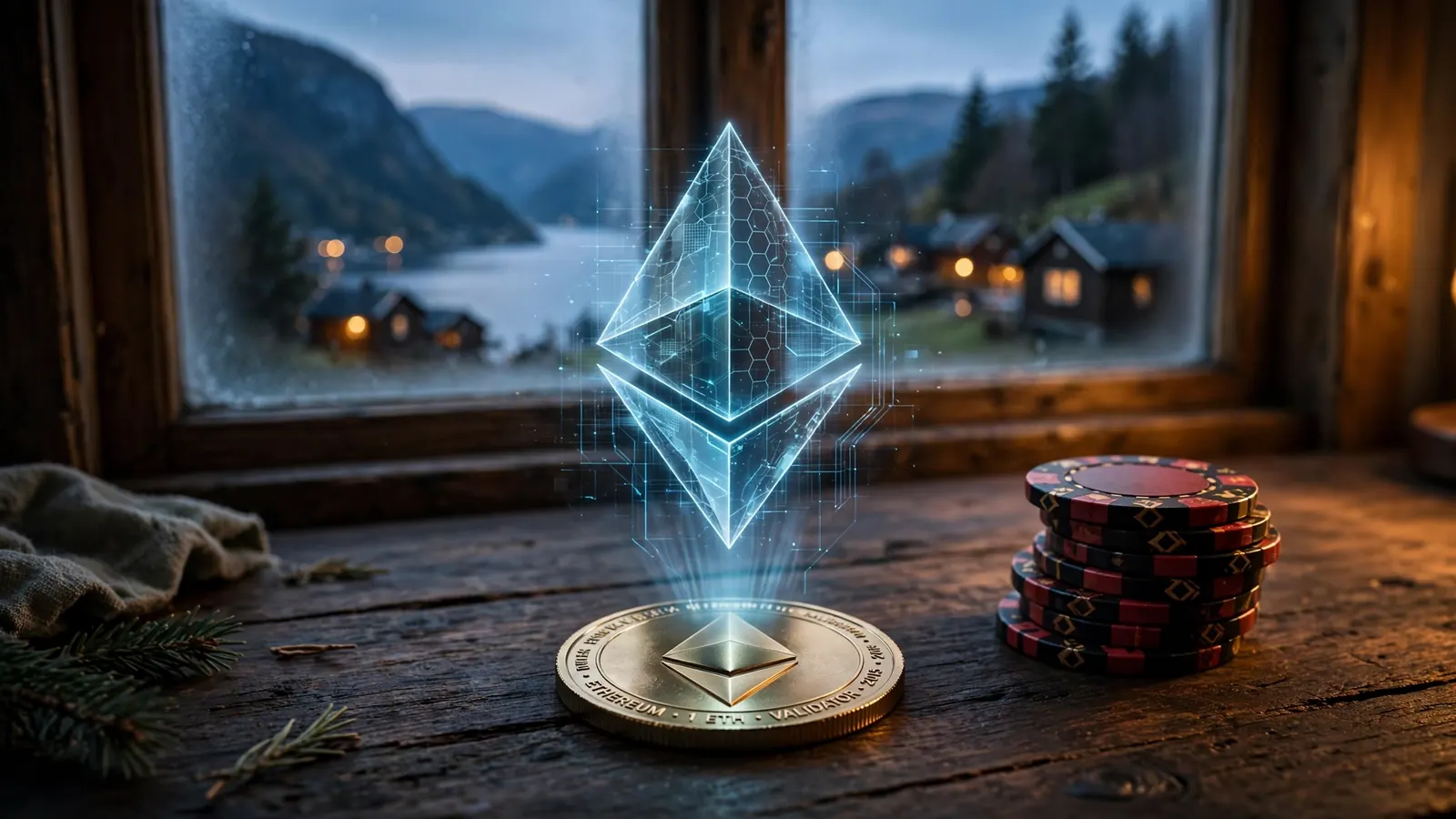Ethereum-mynt og casinobrikker på et norsk skrivebord