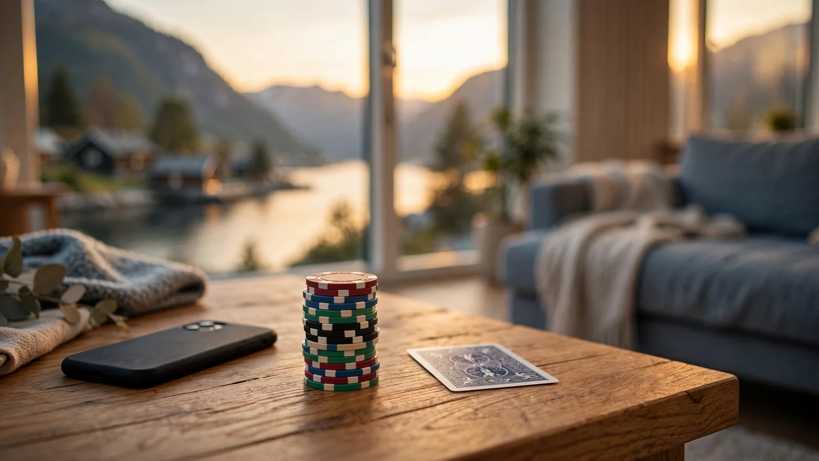 Casinojetonger og kort på et bord i en moderne norsk stue