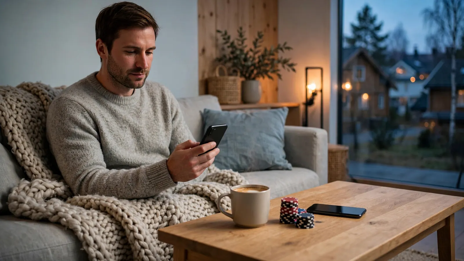 Person i norsk stue med telefon og pokerjetonger