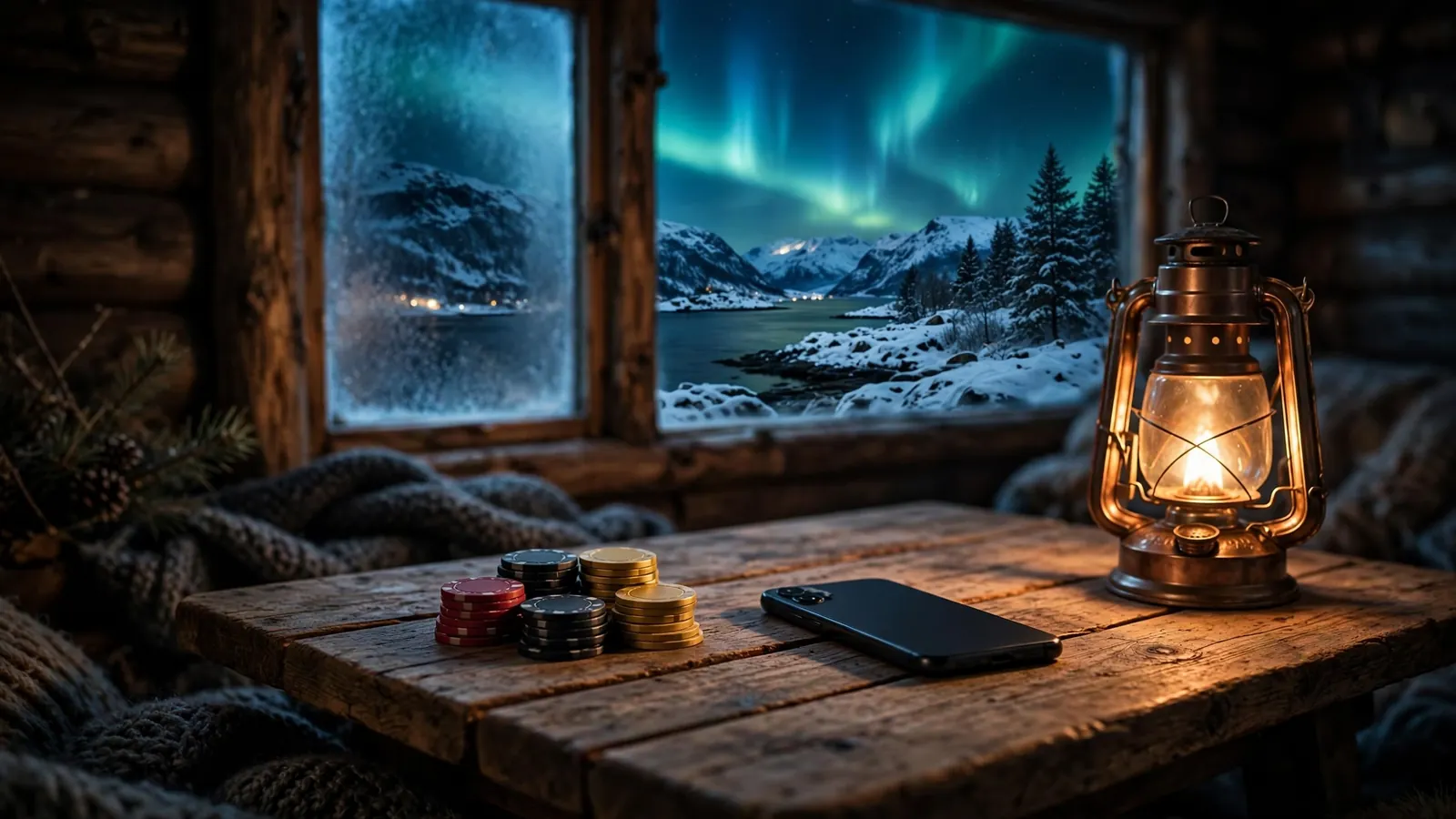 Casinochips og telefon på bord i norsk hytte med nordlys