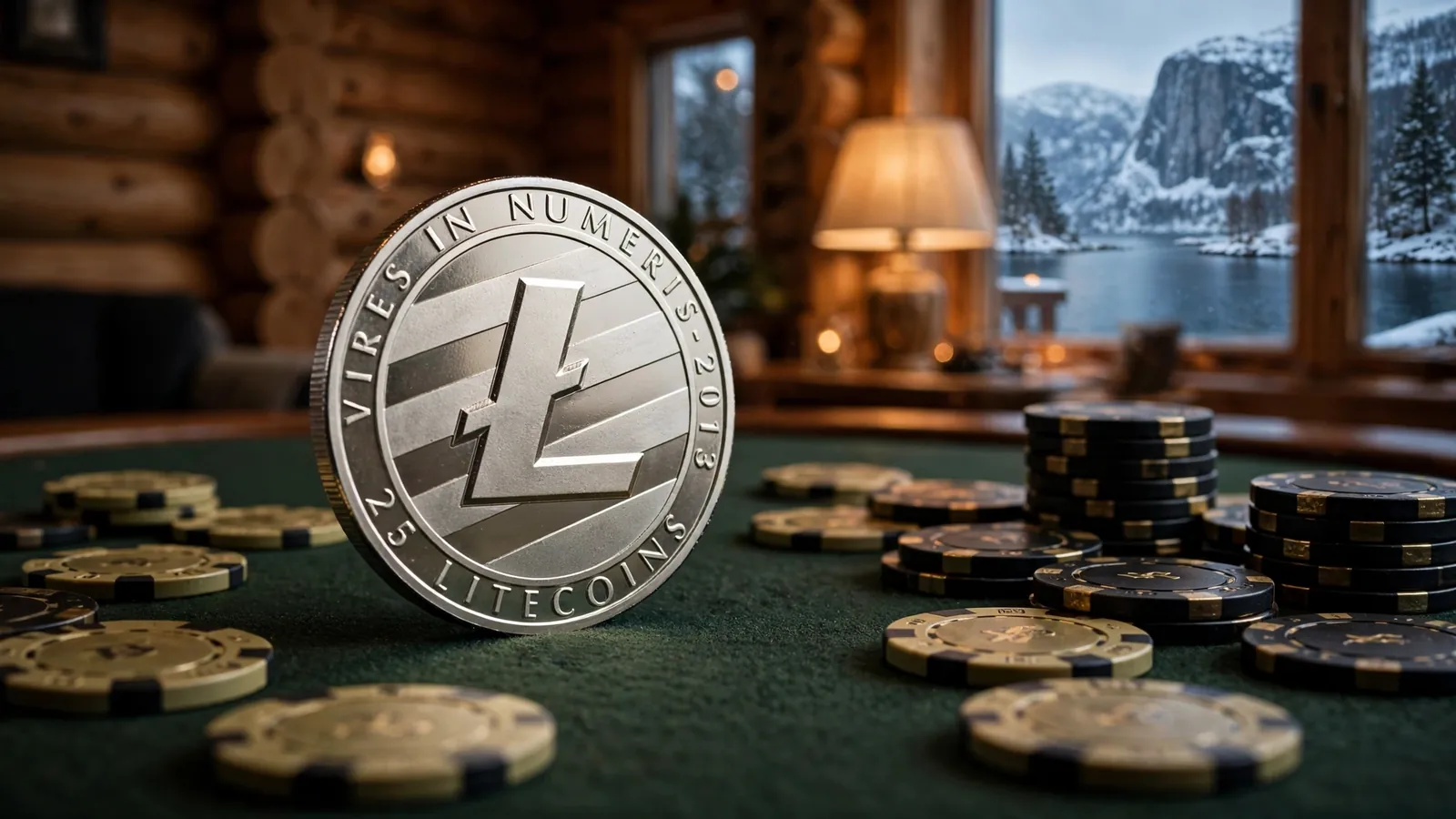 Litecoin-mynt på casinobord med norsk hytte i bakgrunnen