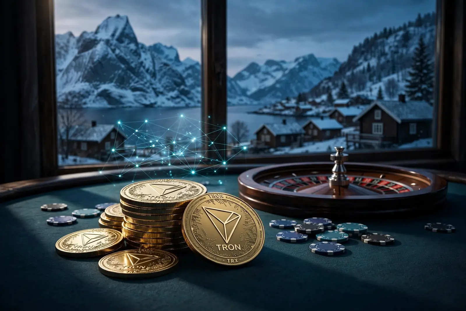 Tron-mynter, casinobord og norsk fjordlandskap i skumring