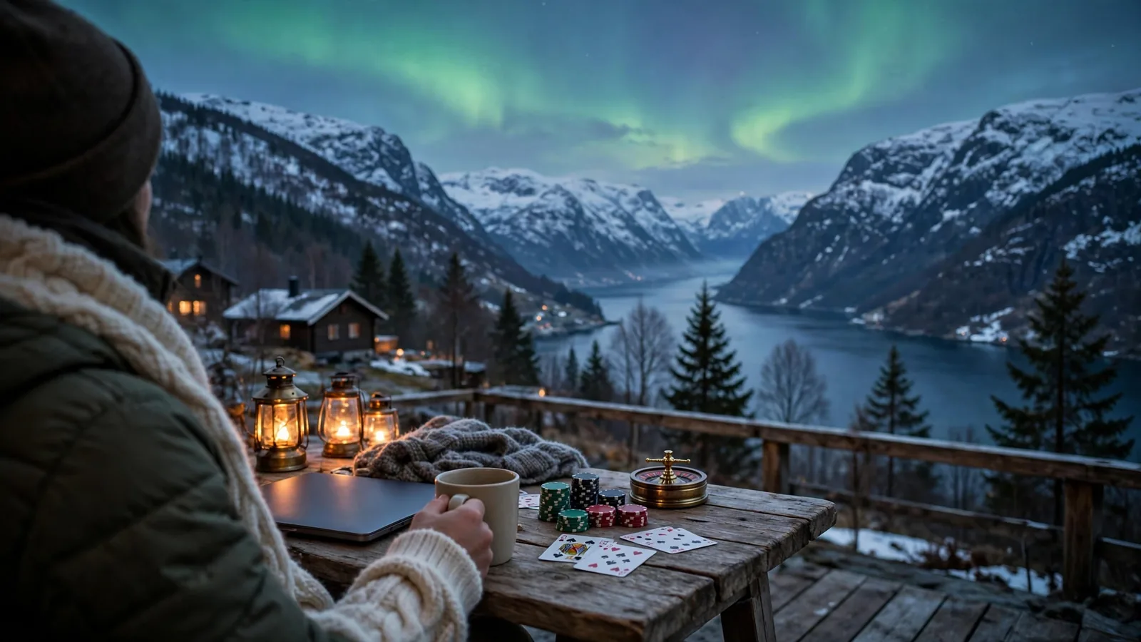 Person ved fjordutsikt i Norge med kasinobrikker og kort på bordet