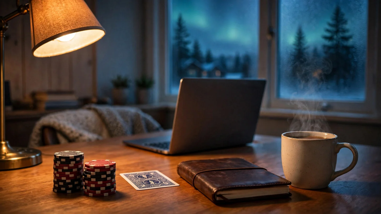 Norsk kveldsstemning med casinobrikker, kort og kaffekopp ved et arbeidsbord