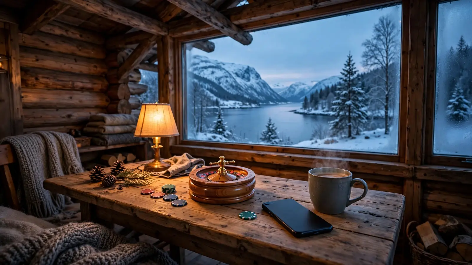 Norsk hytte med roulettehjul, kasinobrikker og snødekt fjord utenfor vinduet