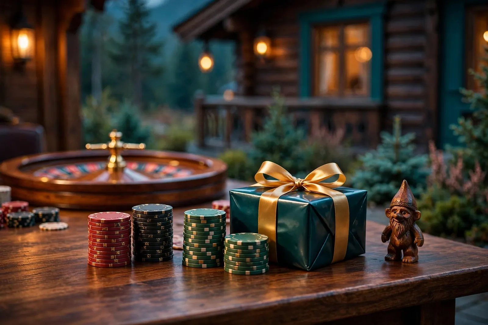 Stilfull casinobord-scene med jetonger, ruletthjul og gaveeske som symboliserer casinotilbud.