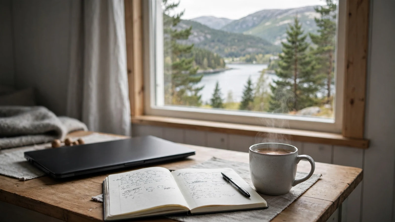 Skrivebord med notatbok, kaffekopp og bærbar PC ved et vindu med norsk fjordutsikt