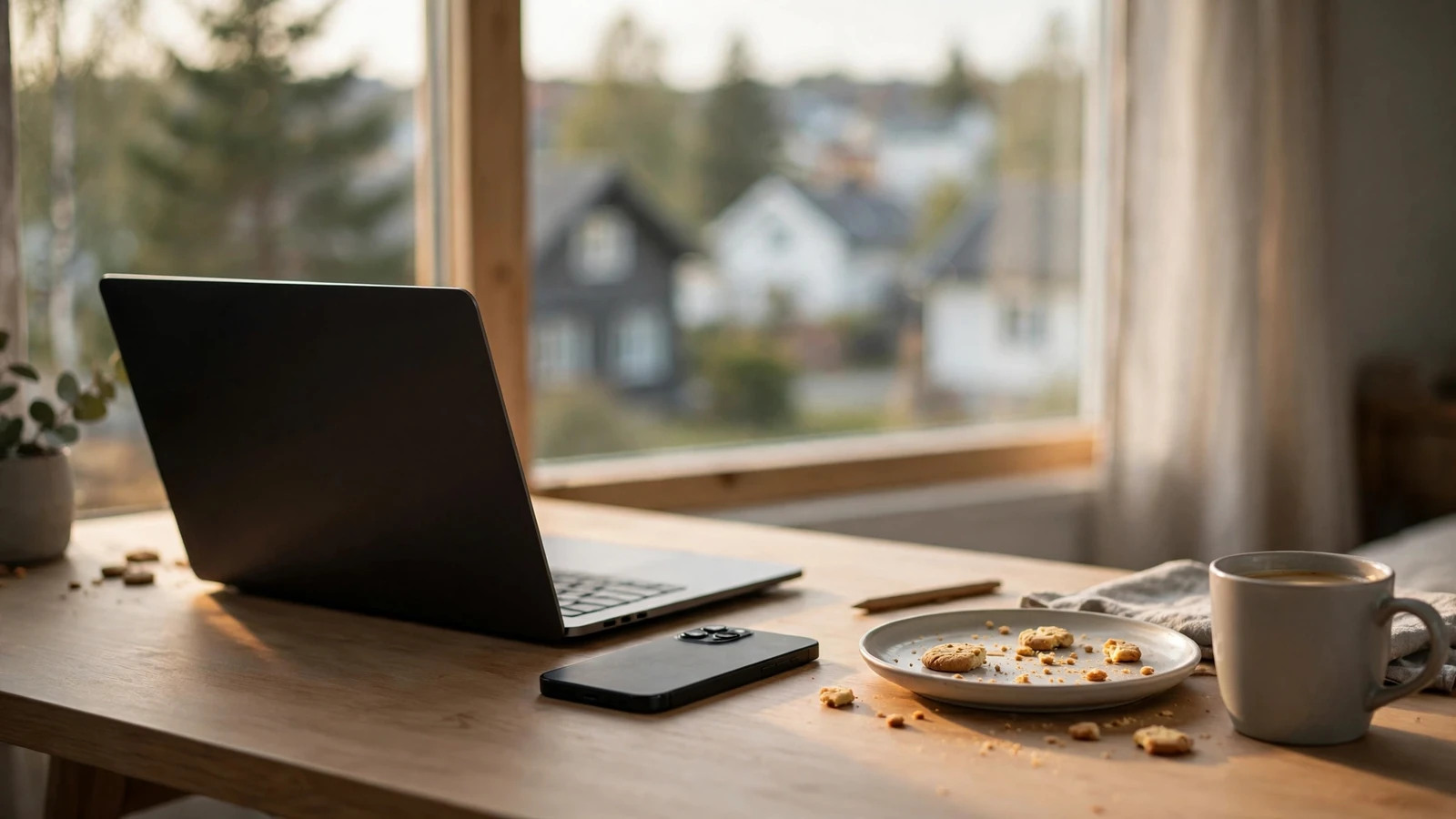 Skandinavisk hjemmekontor med laptop og telefonen snudd ned på et skrivebord ved siden av en kaffekopp.