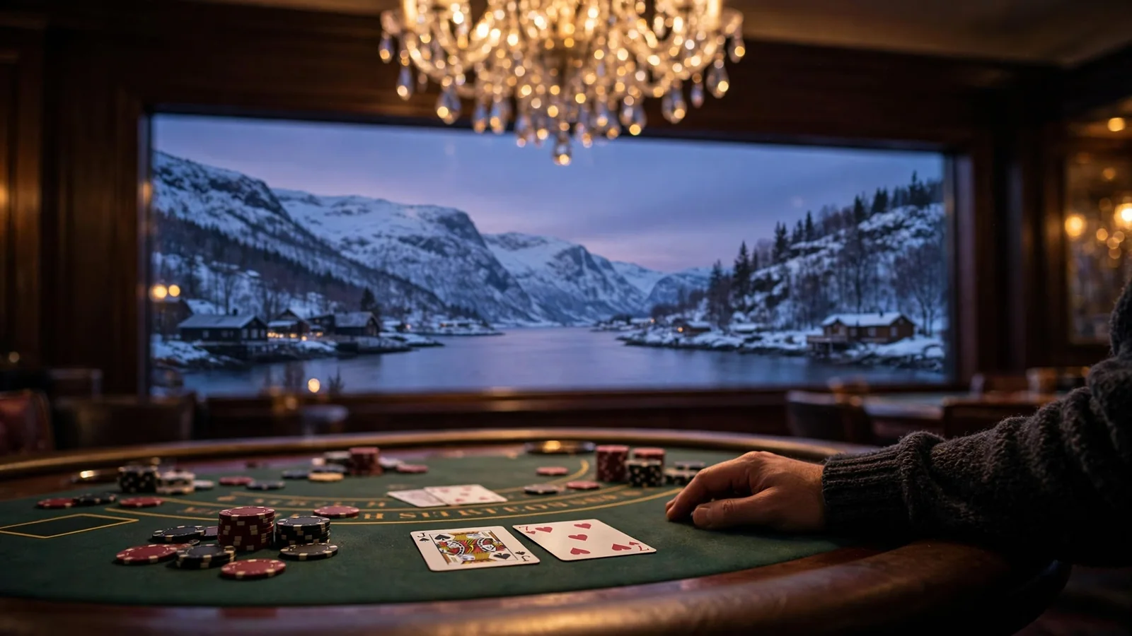 Blackjack-bord med kort og sjetonger, norsk fjord i bakgrunnen