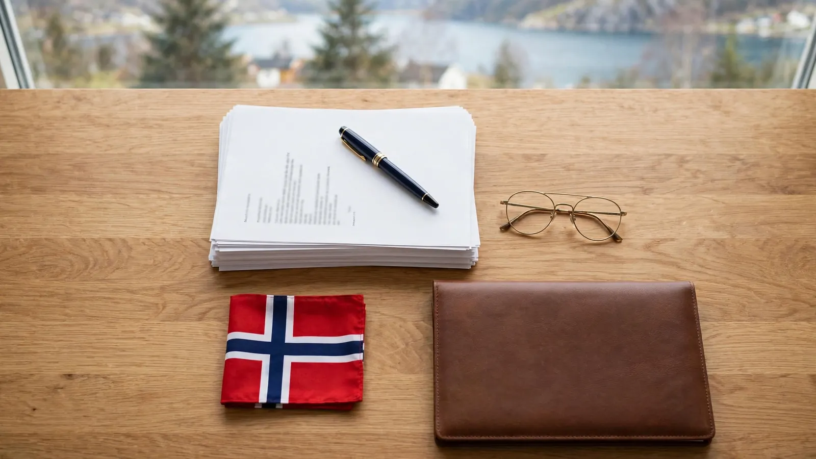 Nordisk skrivebord med juridiske dokumenter, penn og et lite norsk flagg