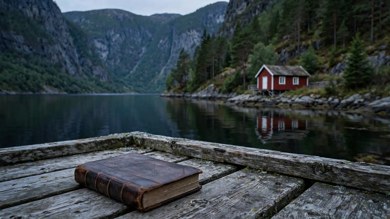 Stille norsk fjord ved skumring med en gammel bok på en trebrygge