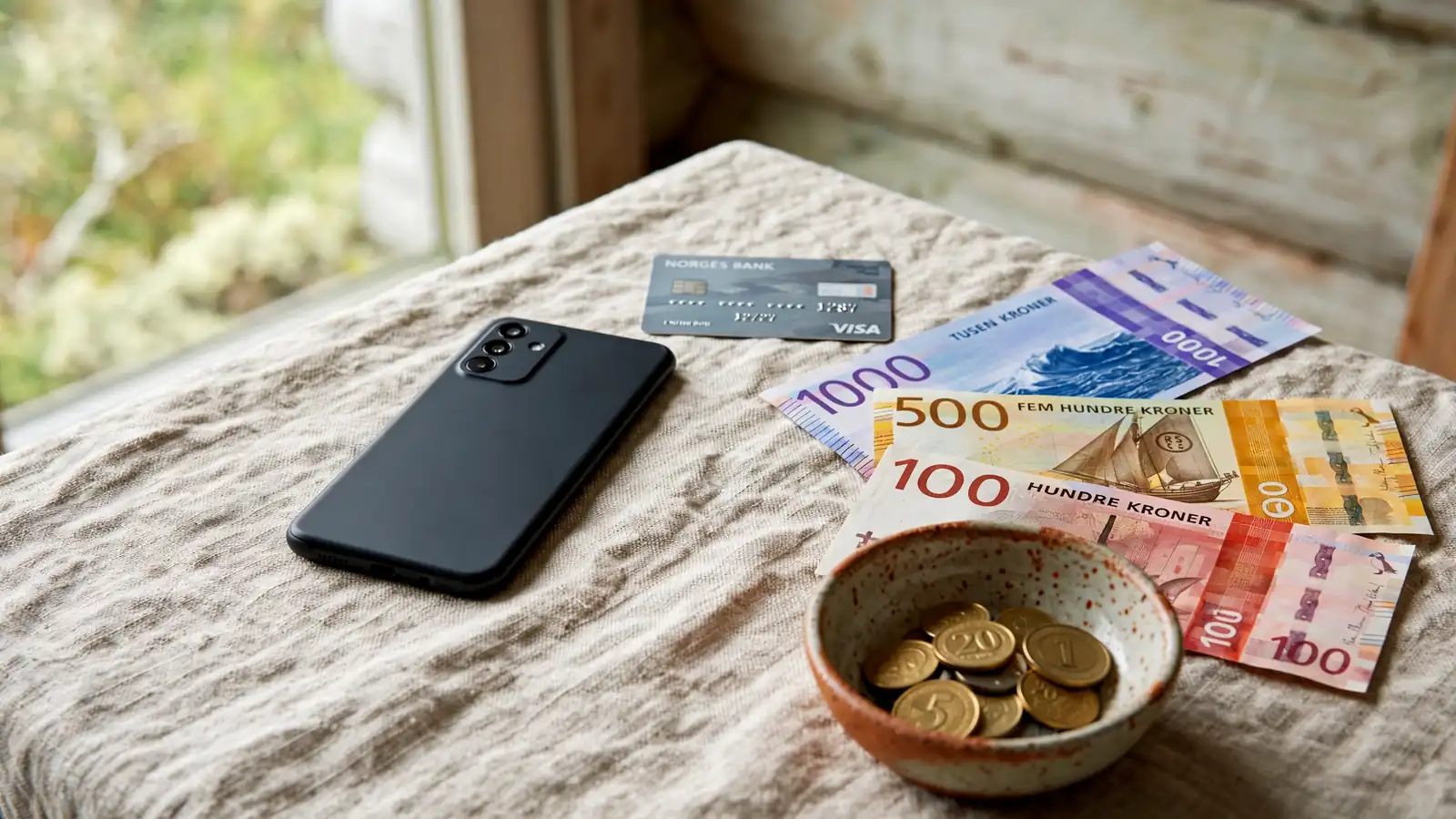 Smarttelefon vendt ned med bankkort og norske kroner på et bord