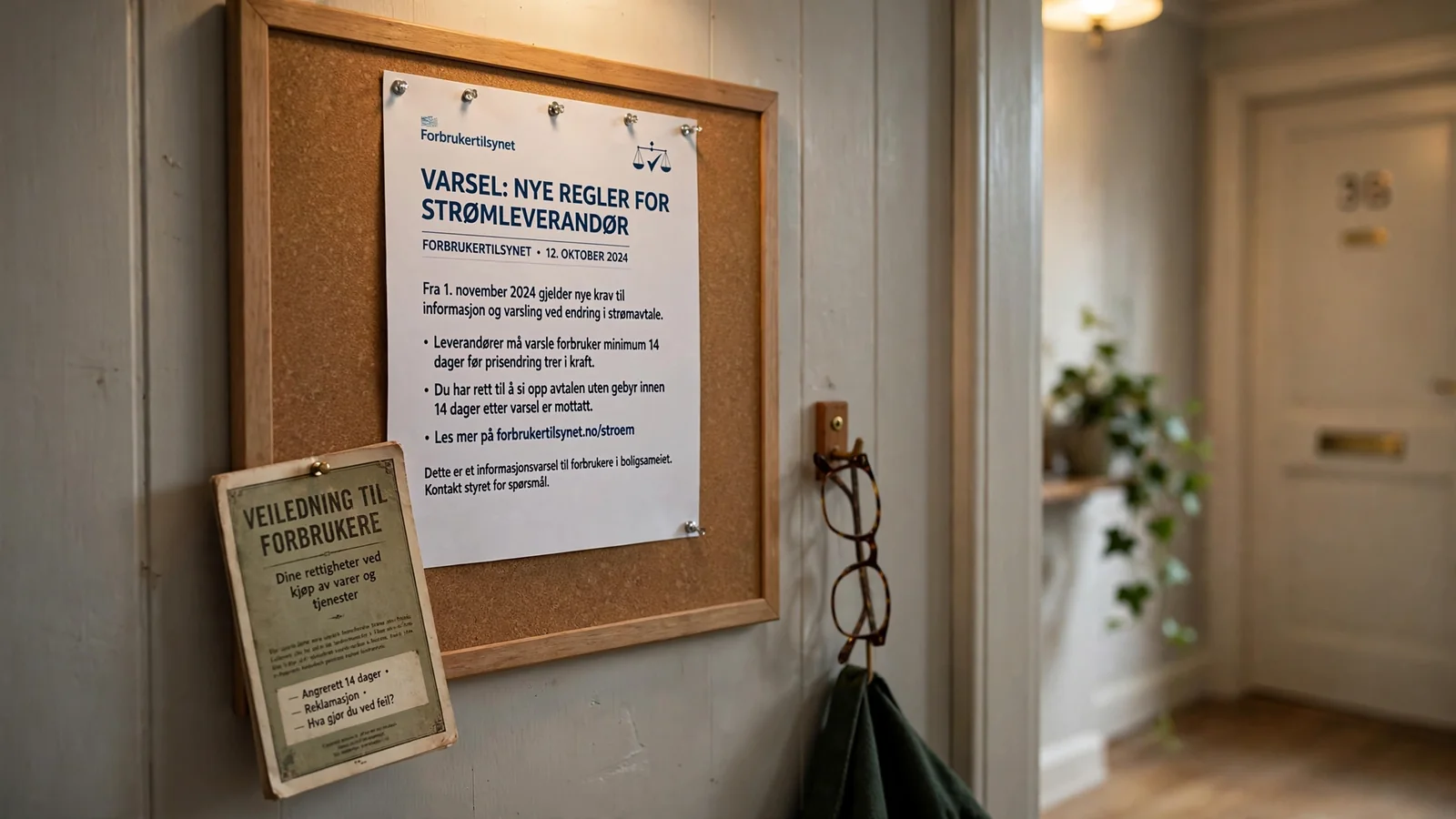 Et offentlig oppslag og en brosjyre på en oppslagstavle i en gang