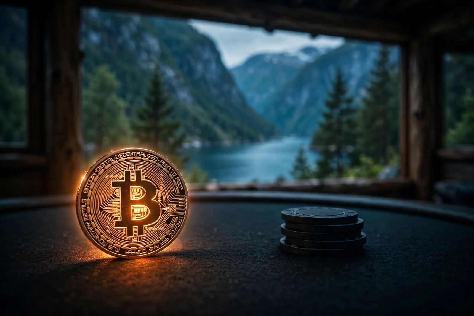 Kryptovaluta-mytt på casinobord med norsk fjord i bakgrunnen