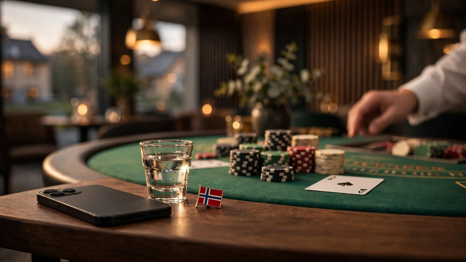 Blackjack-bord med chips og kort på en mørk treplate, norsk innredning