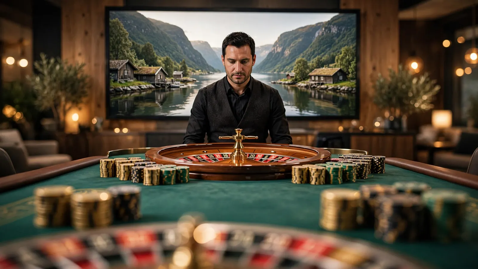 Live roulette-studio med ekte dealer og rulettbord i norsk casinostil