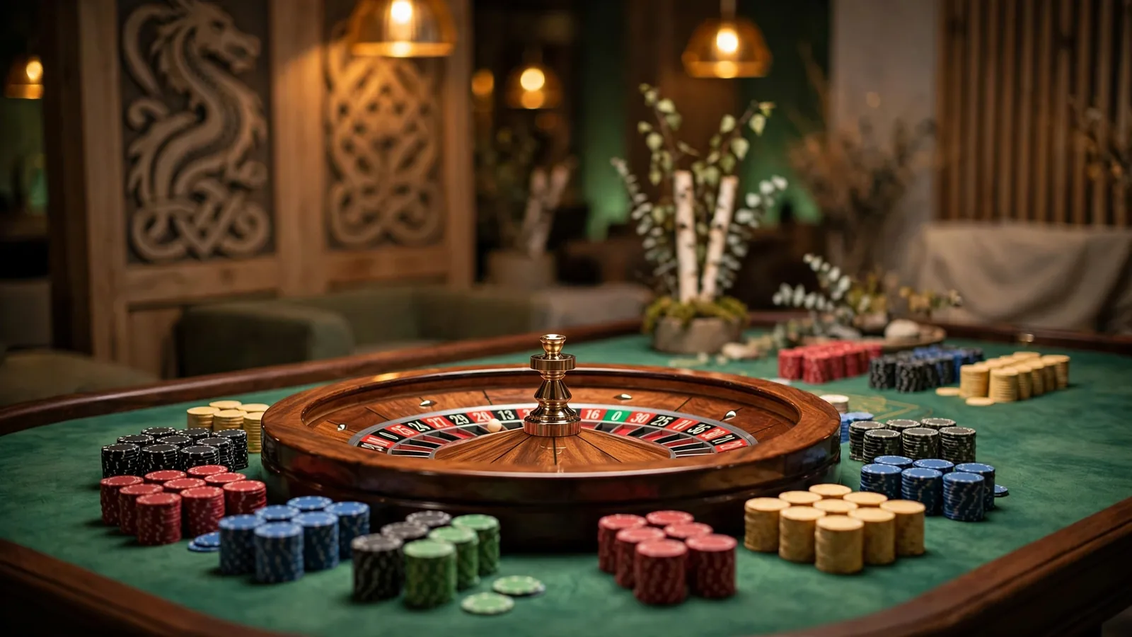 Elegant roulettebord med hjul og jetonger i norsk casinoatmosfære