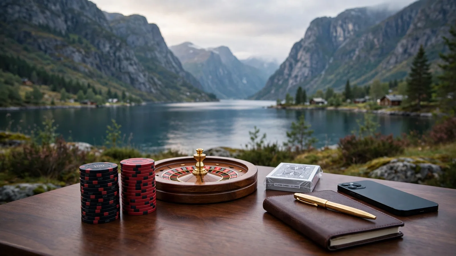 Norsk fjordbakgrunn med casinobrikker, rulett og kort på bord