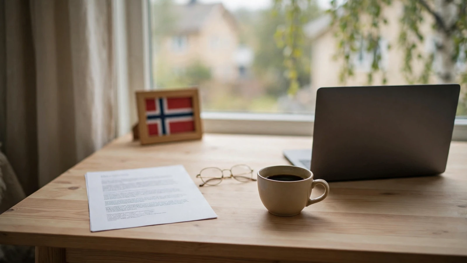Skandinavisk arbeidsbord med dokument, lesebriller og kopp ved nordisk dagslys