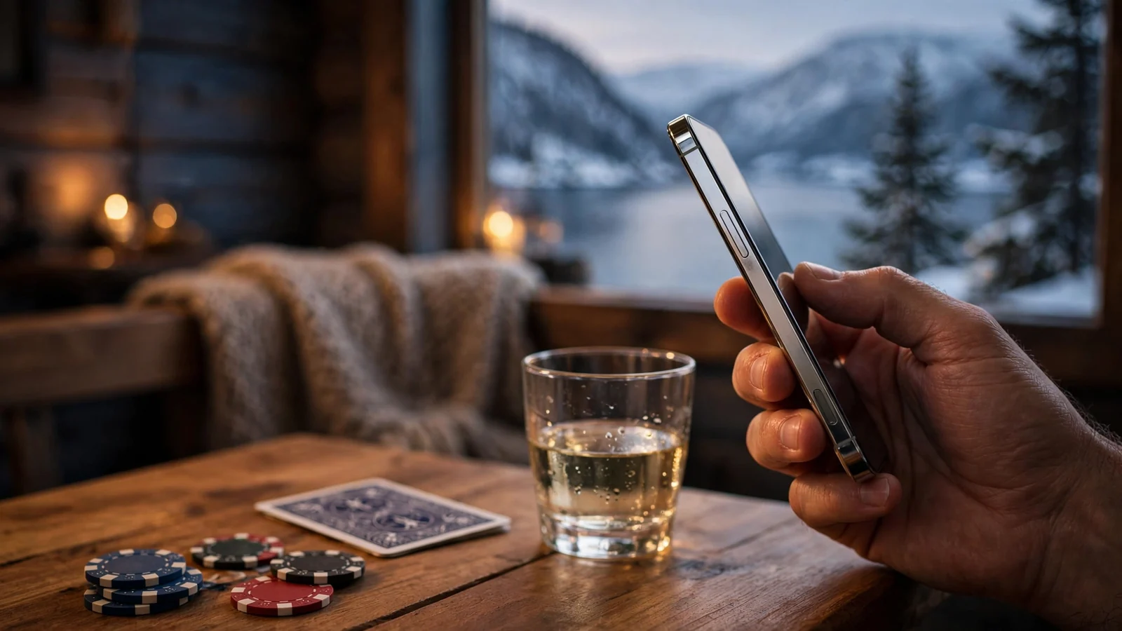 Smarttelefon og pokerjetonger på et norsk tømmerbord
