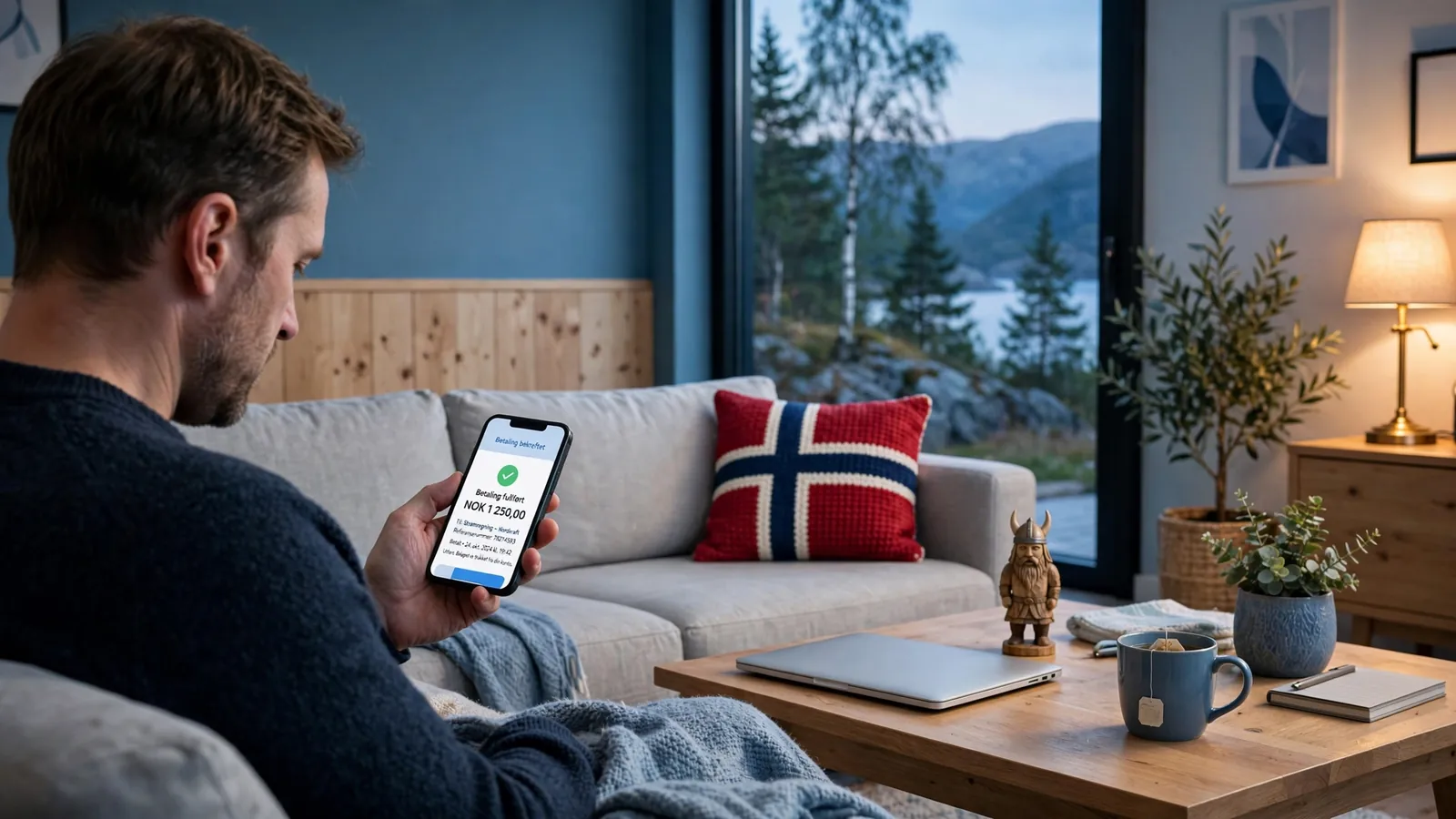 Mann i stue bruker mobil for å bekrefte en nettbetaling