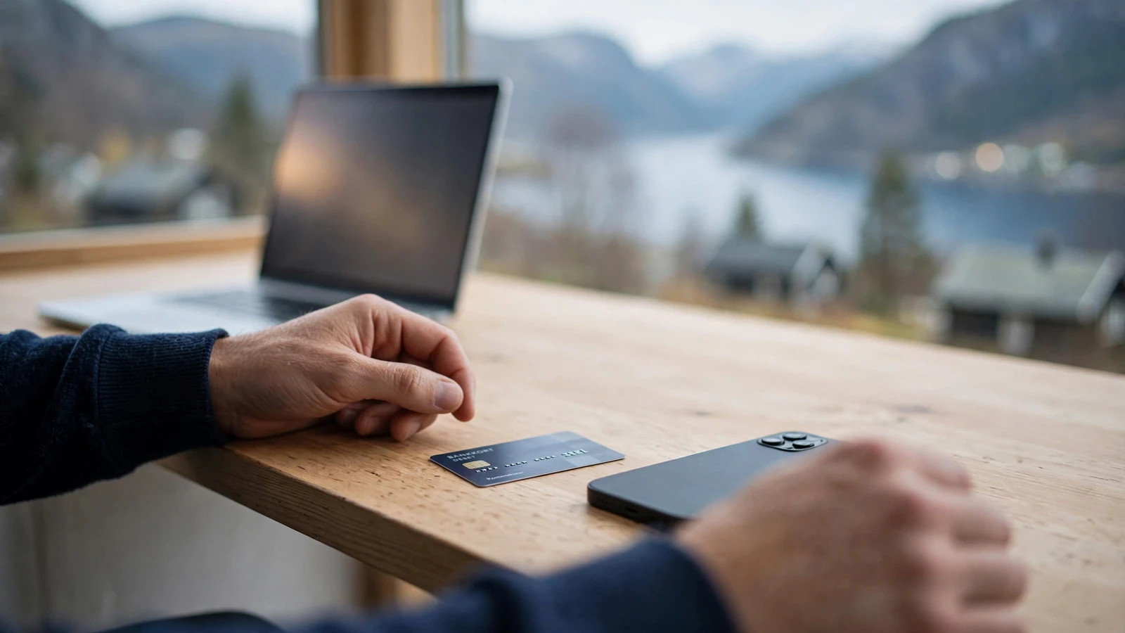 Norske hender med bankkort og telefon ved skrivebord