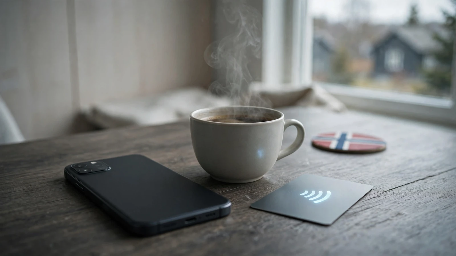Smarttelefon med Google Pay-kort på et nordisk bord