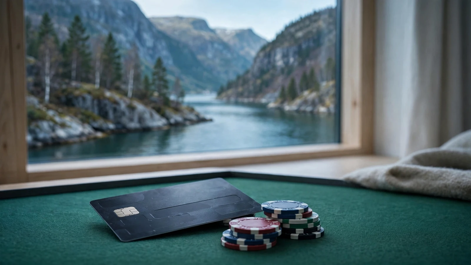 Kredittkort og pokerjetonger på casinobord med norsk fjord i bakgrunnen
