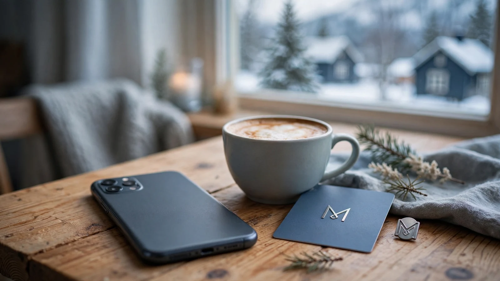 Smarttelefon med e-lommebok på et koselig nordisk bord